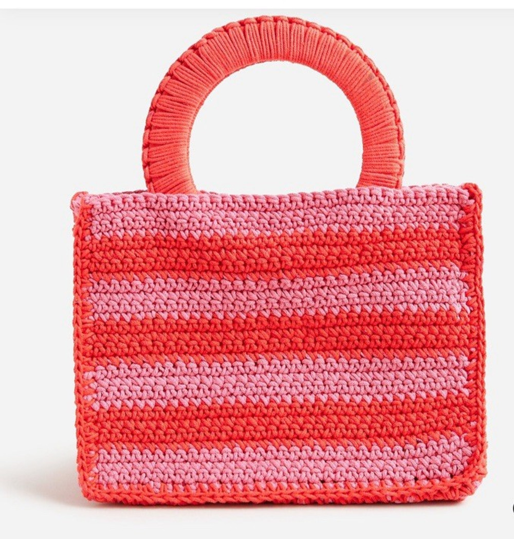 J Crew Pocketbook Womens Handmade Crocheted Cotton Rectangular Pink Stripe Purse